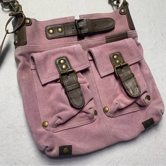 MiMu Suede Messenger Crossbody Bag Sundance Dusty Pink and Brown Purse - Picture 2 of 12